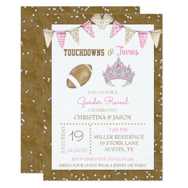 Touchdowns Or Tiaras Watercolor Pink Gender Reveal Invitation