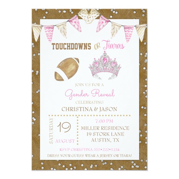 Touchdowns Or Tiaras Watercolor Pink Gender Reveal Invitation