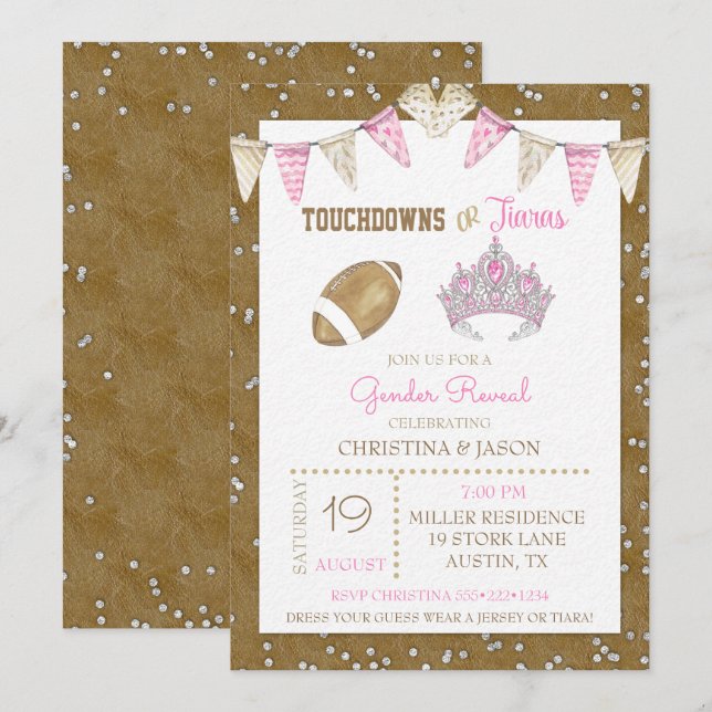 Touchdowns or Tiaras Watercolor Pink Gender Reveal Invitation (Front/Back)