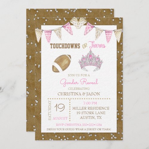 Touchdowns or Tiaras Watercolor Pink Gender Reveal Invitation