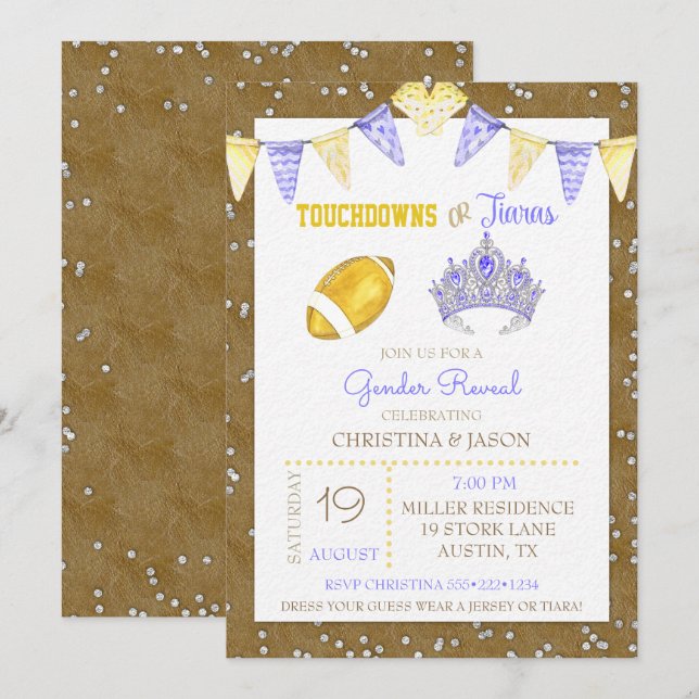 Touchdowns or Tiaras Yellow Purple Gender Reveal Invitation (Front/Back)
