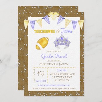 Touchdowns Or Tiaras Yellow Purple Gender Reveal Invitation by nawnibelles at Zazzle