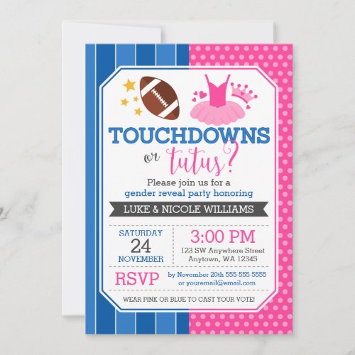 Touchdowns or Tutus Blue Pink Gender Reveal Party Invitation
