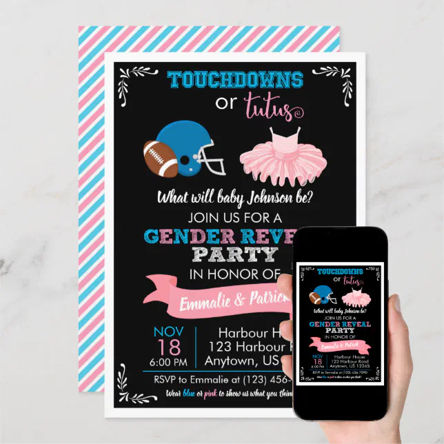 TOUCHDOWNS OR TUTUS Gender Reveal Baby Shower Invitation | Zazzle