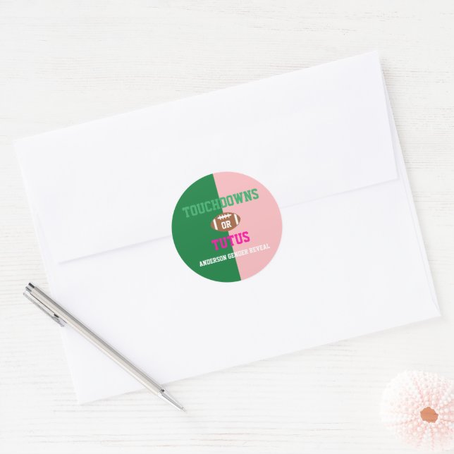 Touchdowns or Tutus Gender Reveal Classic Round Sticker (Envelope)