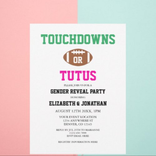 Touchdowns or Tutus Gender Reveal Invitation