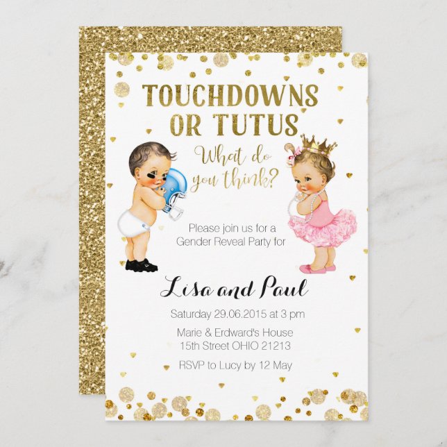 Touchdowns or Tutus Gender Reveal invitation Gold (Front/Back)