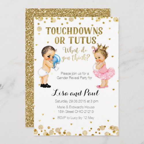 Touchdowns or Tutus Gender Reveal invitation Gold