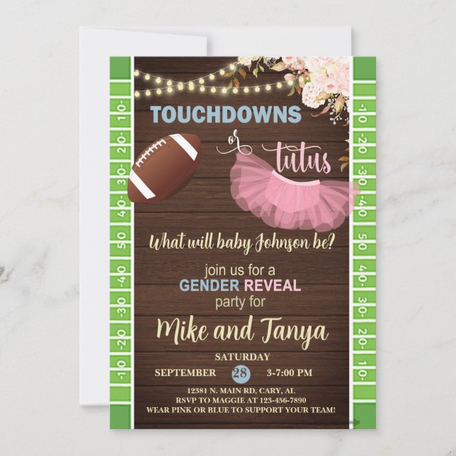 Touchdowns or Tutus gender reveal invitation. Invitation (Front)