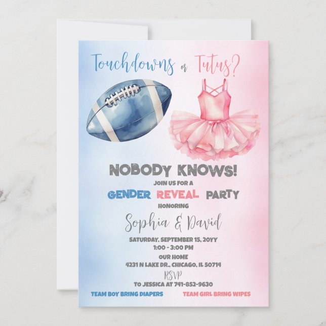 Touchdowns or Tutus Gender Reveal Party Invitation (Front)