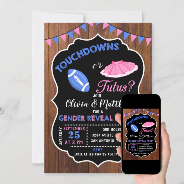 Touchdowns or Tutus gender reveal party Invitation | Zazzle