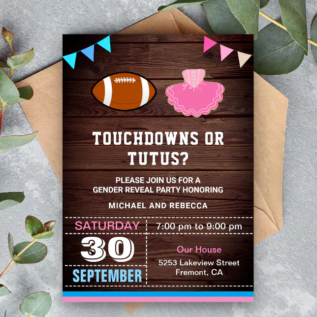Touchdowns or Tutus Gender Reveal Party Invitation | Zazzle