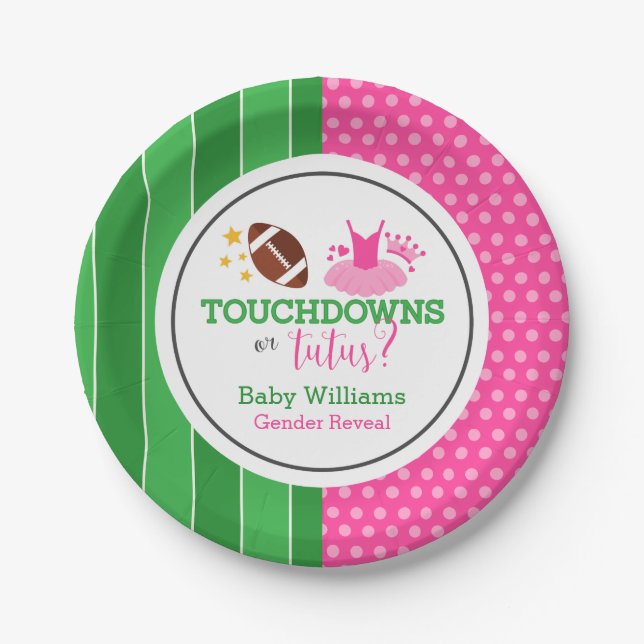 Touchdowns or Tutus Gender Reveal Party Paper Plates (Front)