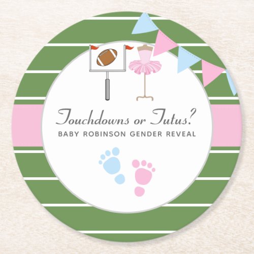 Touchdowns or Tutus Gender Reveal Party Round Paper Coaster