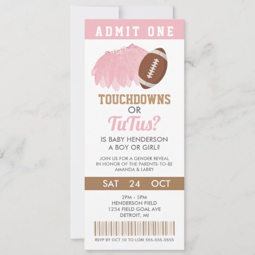 Touchdowns or Tutus Gender Reveal Ticket Invitation