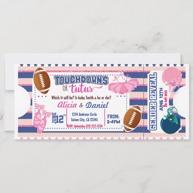 Touchdowns or Tutus Invitation - blue or pink (Front)