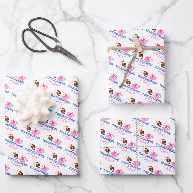Touchdowns or Tutus Pink Blue Gender Reveal Party Wrapping Paper Sheets (Front)