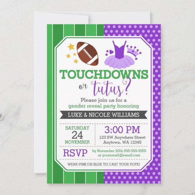 Touchdowns or Tutus Purple Gender Reveal Party Invitation (Front)
