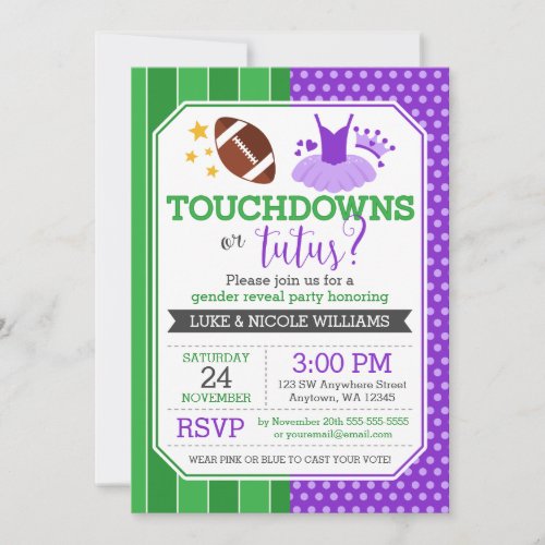 Touchdowns or Tutus Purple Gender Reveal Party Invitation