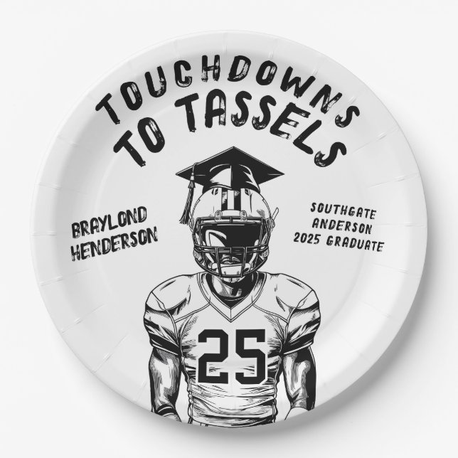 Touchdowns to Tassels Football Grad Party Paper Plates (Front)