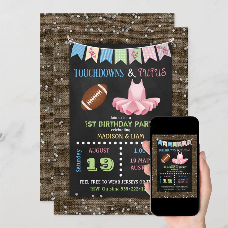 Touchdowns & Tutus Twins Birthday or Baby Shower Invitation Zazzle