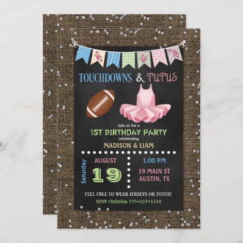 Touchdowns  Tutus Twins Birthday or Baby Shower Invitation