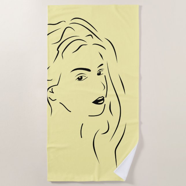 Touching Black Line Art Stilized Female Visual Beach Towel (Front)