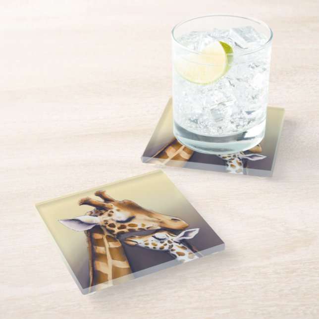 Touching Moment Between Mother Giraffe & Calf Glass Coaster (Angled)