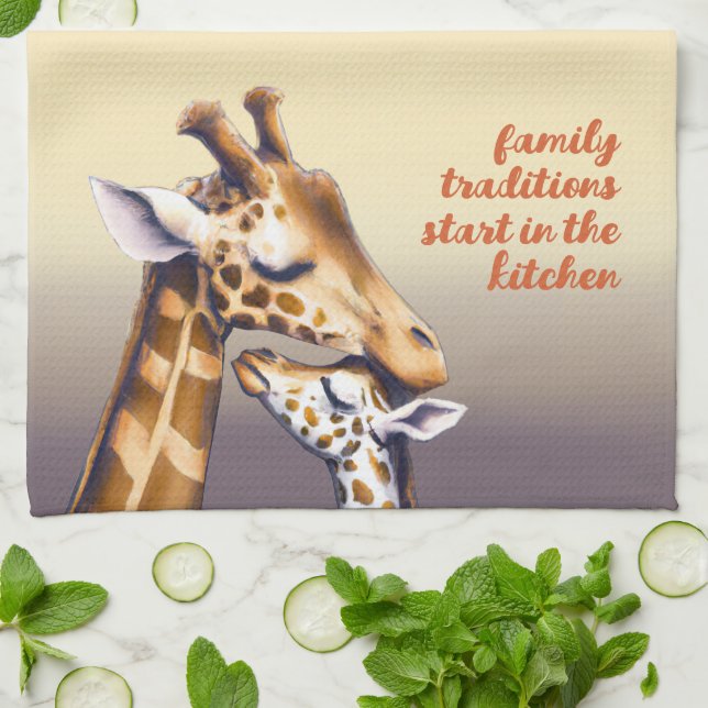 Touching Moment Between Mother Giraffe & Calf Kitchen Towel (Folded)