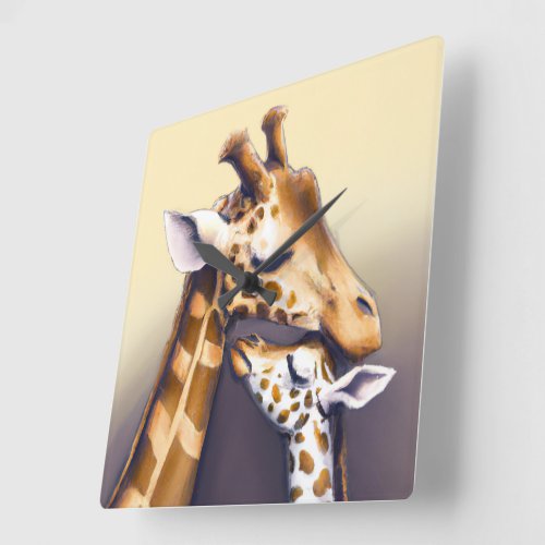 Touching Moment Between Mother Giraffe  Calf Square Wall Clock