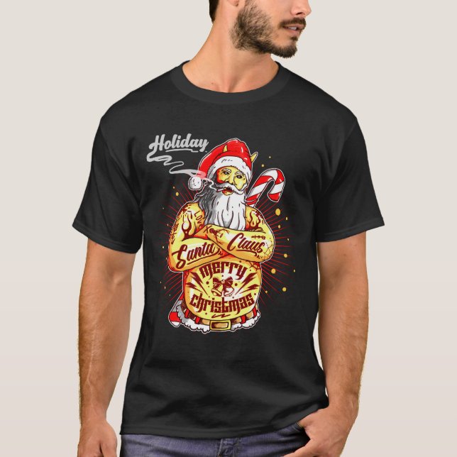 Tough Bad Smoking Tattoo Santa Merry Christmas T-Shirt (Front)
