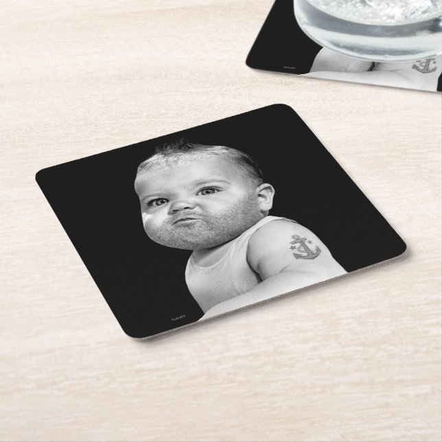 Tough Beared Baby Boy Square Paper Coaster (Angled)