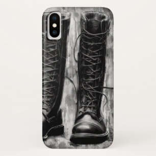 Tough Biker Black Lace Up Boots Drawing iPhone X Case
