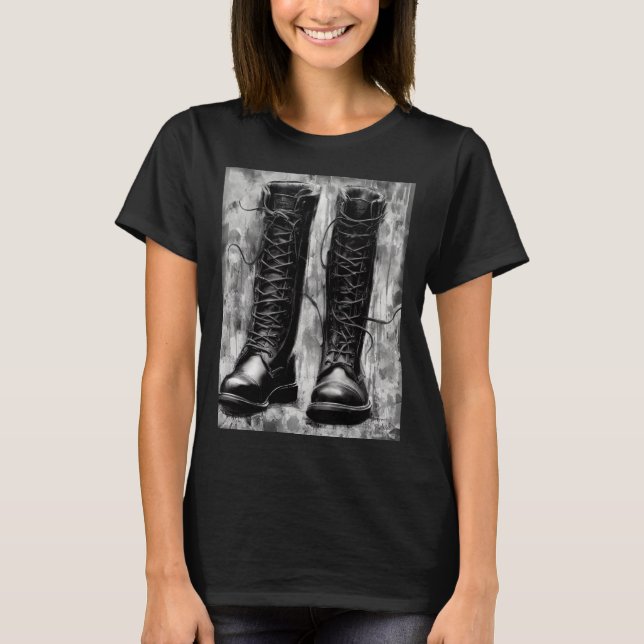Tough Biker Black Lace Up Boots Drawing T-Shirt (Front)