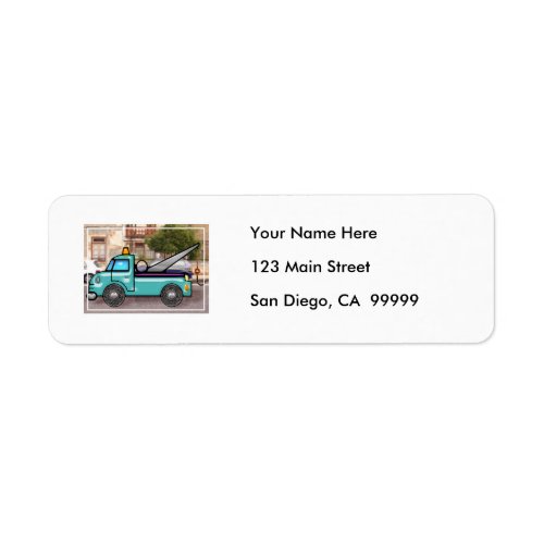 Tough Blue Tow Truck in the Street Label