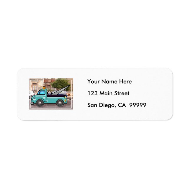 Tough Blue Tow Truck in the Street Label (Front)
