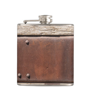 Tough brown look of iron, rivets, leather & wood flask