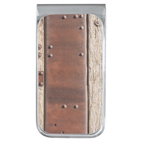 Tough brown look of iron rivets leather  wood silver finish money clip