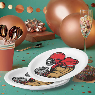 Tough Football Warrior Mascot Red Helmet Muscle Paper Plates