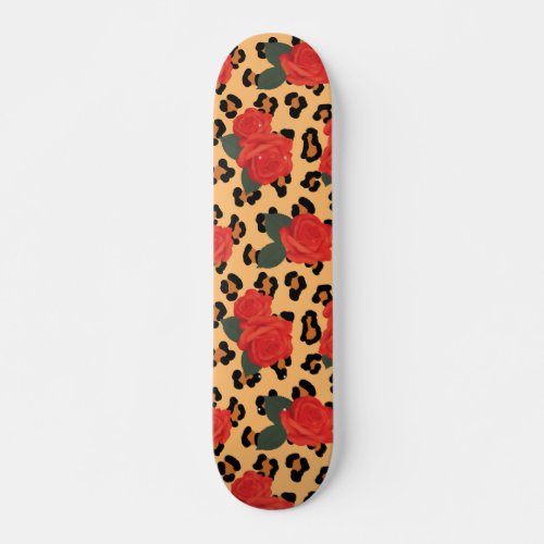 Tough Girl Red Roses and Leopard Print Skateboard
