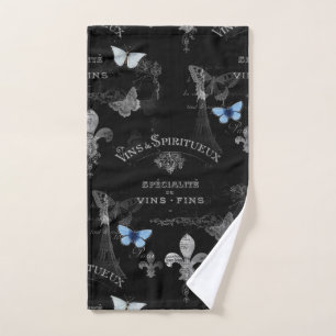 Toujours Paris Butterflies Collage Black Hnd Towel