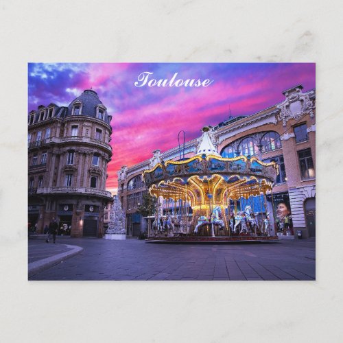 Toulouse France French City Carousel Sunset Travel Postcard