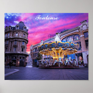 Toulouse France French City Carousel Sunset Travel Poster