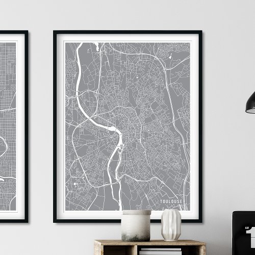 Toulouse Map Simple Pewter Silver Line Map Poster