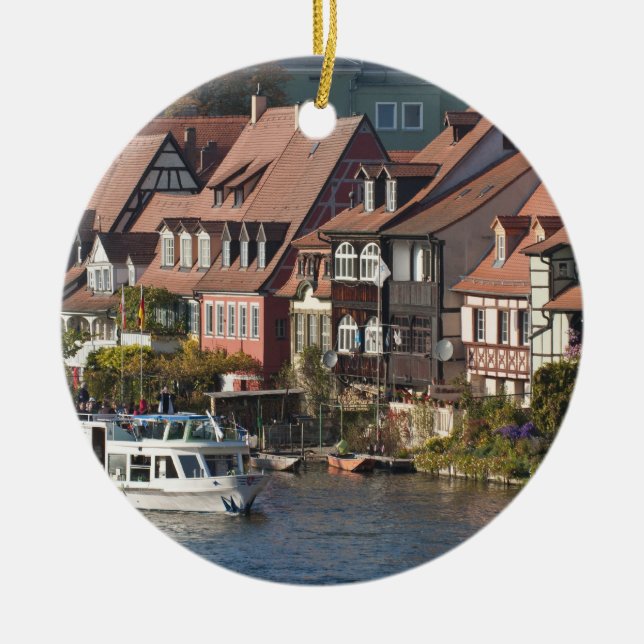 Tour boat in Little Venice and River Regnitz Ceramic Ornament (Front)