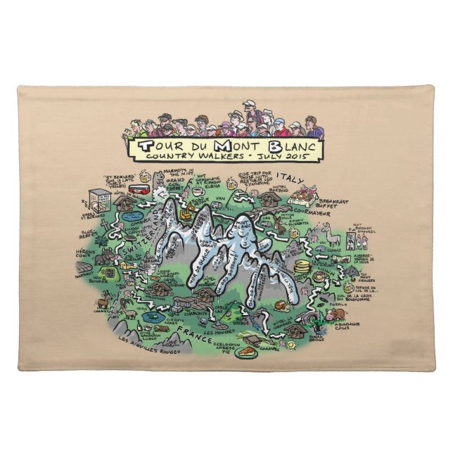 Tour du Mont Blanc cartoon map cotton placemat brn (Front)