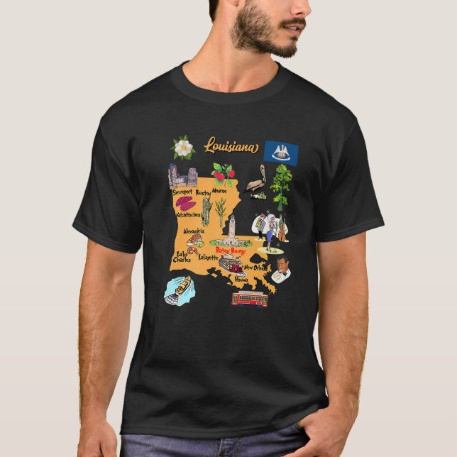 Tourism Map Of Louisiana State, USA, Major Cities, T-Shirt (Front)