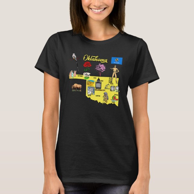 Tourist Attractions Map Of Oklahoma, Usa, Major Ci T-Shirt (Front)