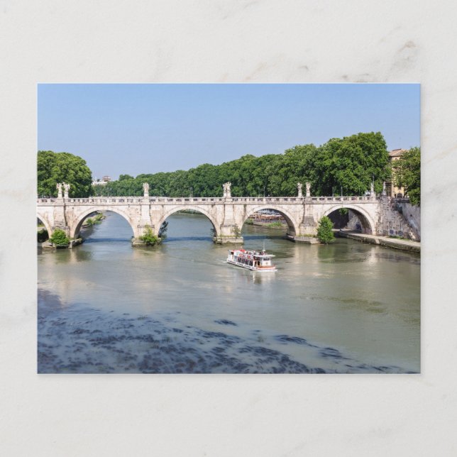 Tourist boat passes under Ponte Sant'Angelo - Rome Postcard (Front)
