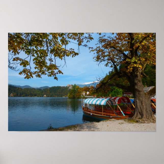 Tourist boats in Lake Bled in autumn Poster (Front)